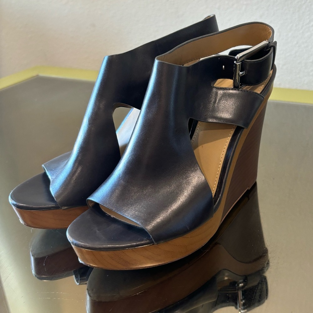 Black leather high heel bootie sandal. Wood bottom, size 8 Michael Kors